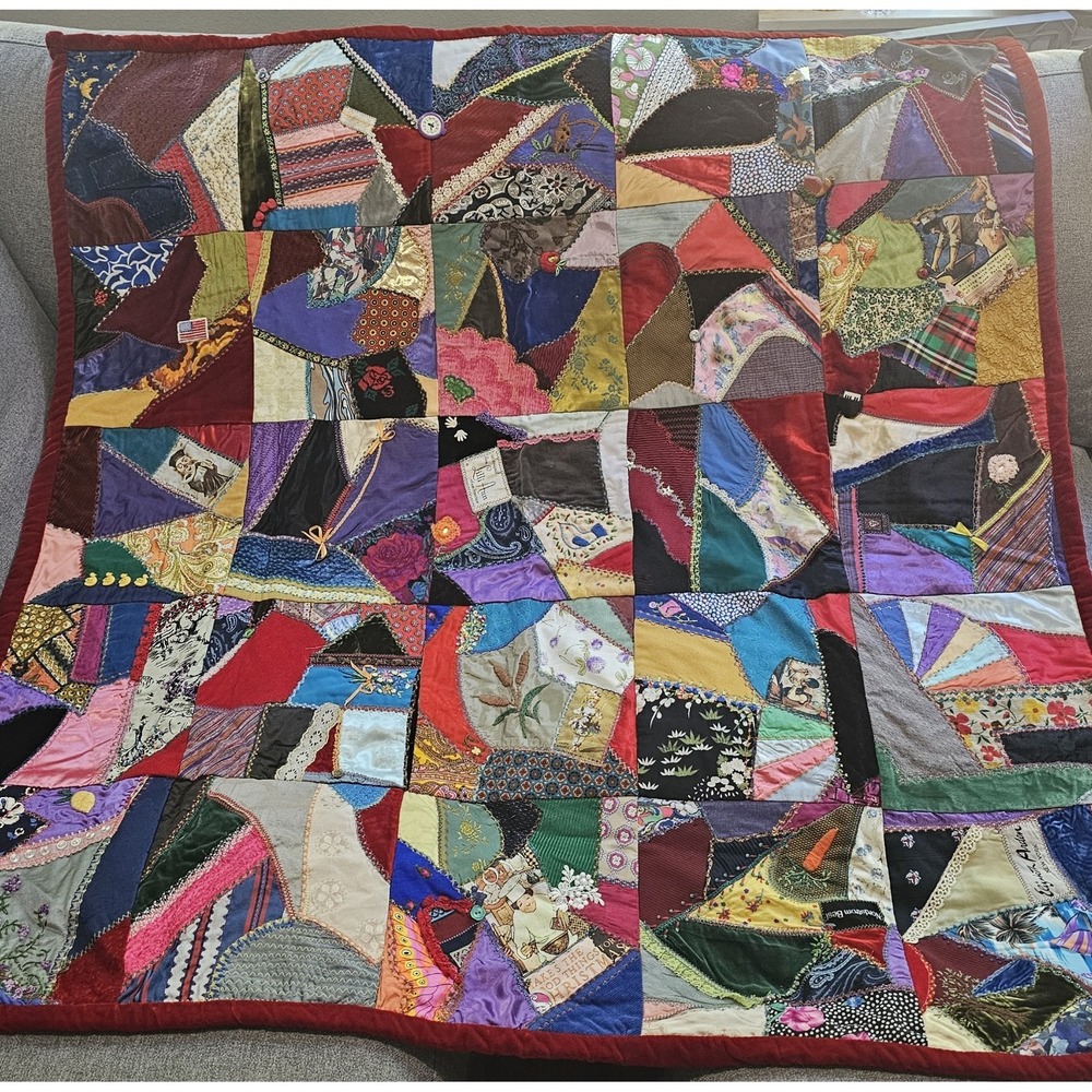 Vintage Primitive Crazy Quilt Incredibly Detailed Embroidered 48" X 48"